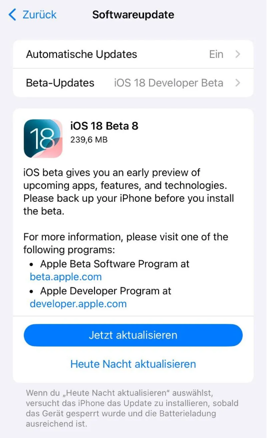 文儒镇苹果手机维修分享苹果 iOS / iPadOS 18 开发者预览版 Beta 8 发布 